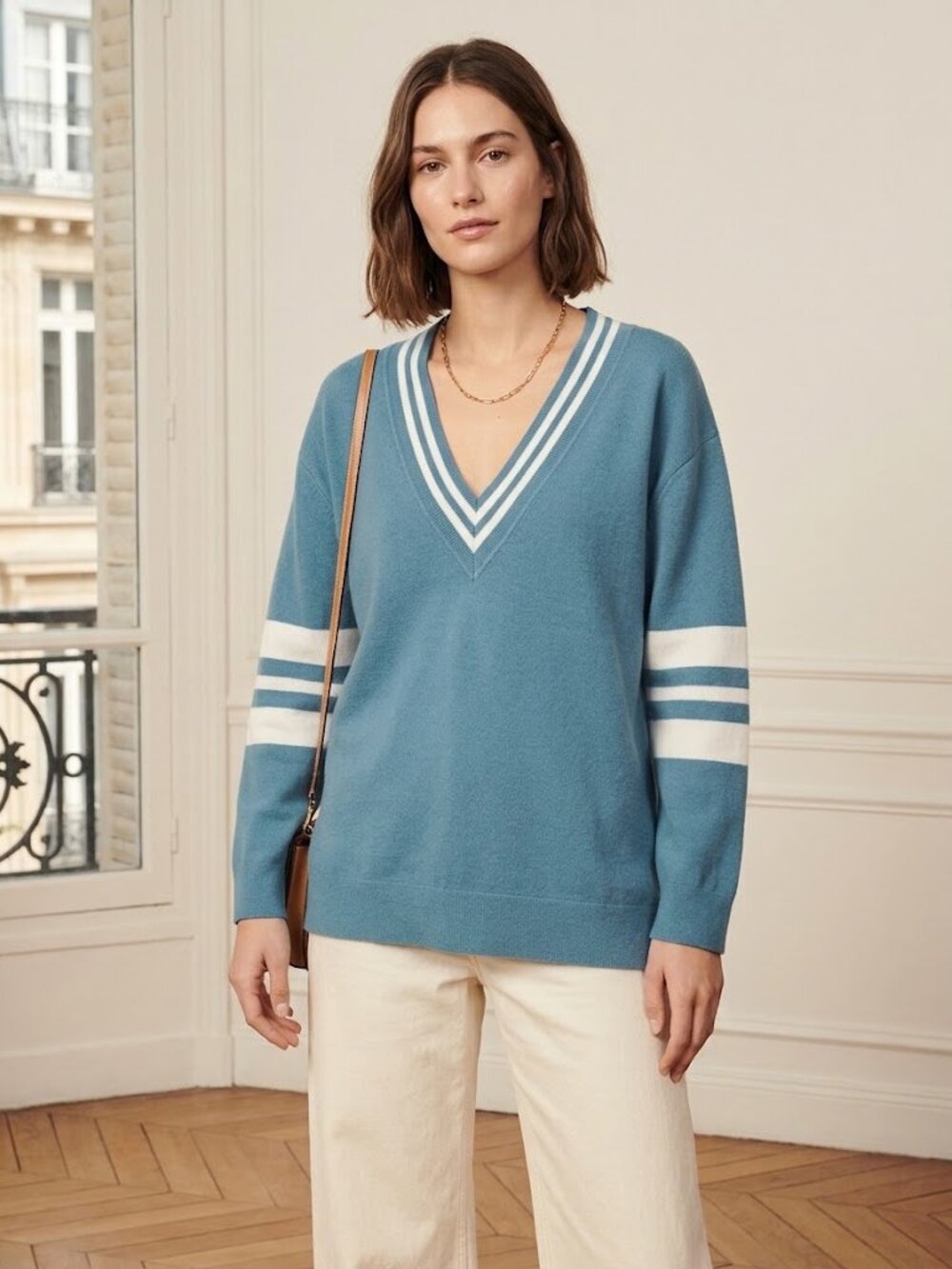 Sandro Paris Rugby Stripe Deep V-Neck Cashmere Blend Knit Sweater Slate Blue S